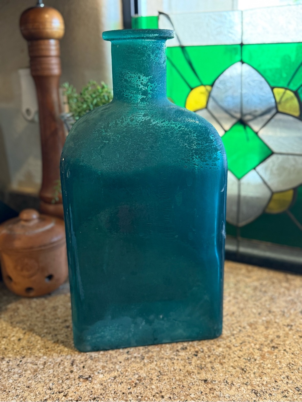 Handmade in Spain Recycled Glass Bottle | Frosted Aqua Blue Spanish Glass